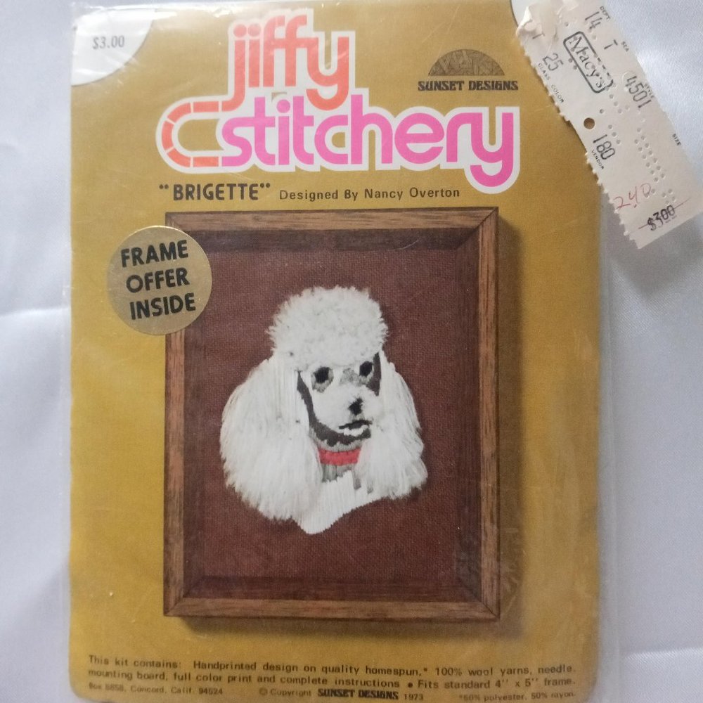 "Brigette" Poodle Jiffy Stitchery Sunset Designs Crewel Embroidery Kit 1973